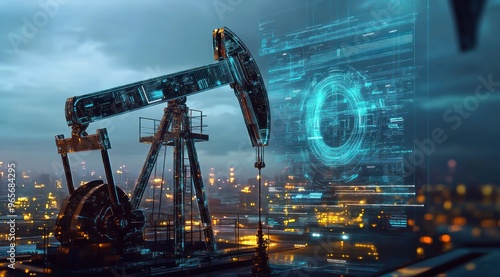 Pompe à pétrole avec identité numérique holographique, sur fond de ville, concept technologique industriel futuriste et moderne. Cybersécurité dans la production de gaz naturel ou de carburant.