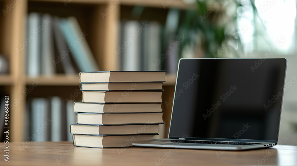 Stack of books sits on a desk beside a laptop with a blank screen, evoking the concept of online education or remote work Stack of books sits on a desk beside a laptop with a blank screen, evoking the concept of online education or remote work