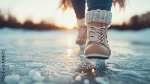 Image showing a close-up view of a female ice skater gracefully skating on an icy surface at sunset, depicting elegance, winter fun, and the serene beauty of outdoor ice skating. photo