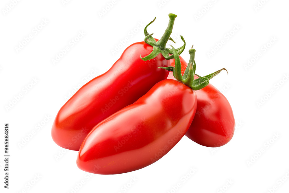 Red San Marzano tomato with a green stem isolated on a white background. Red San Marzano tomato with a green stem isolated on a white background.