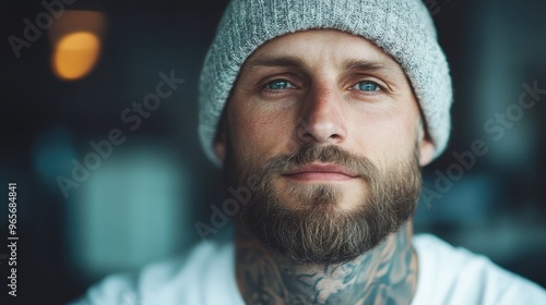 A thoughtful man with blue eyes, a beard, and tattoos, wearing a gray beanie, looks forward, captured in warm soft lighting, creating a serene, introspective mood.