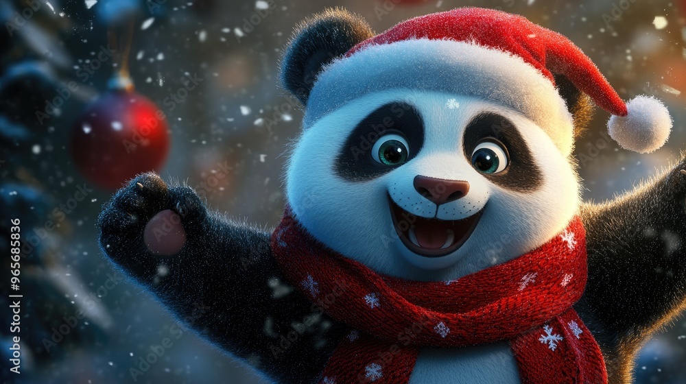 Cartoon panda wearing a red scarf and a Santa hat joyfully celebrating the festive season Cartoon panda wearing a red scarf and a Santa hat joyfully celebrating the festive season