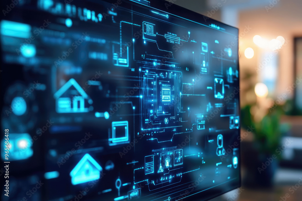 Modern smart home automation software interface displaying on a screen in a cozy apartment: managing appliances, temperature, lighting, and security Modern smart home automation software interface displaying on a screen in a cozy apartment: managing appliances, temperature, lighting, and security