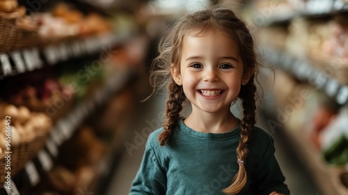 A young girl with pigtails, wearing a green shirt, running with a joyful expression through a grocery store aisle brimming with fresh produce, capturing the vibrancy of daily life and childhood.