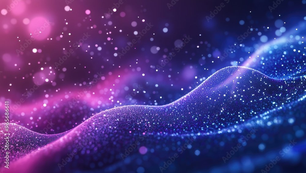 Abstract background with a wave of dots and particles, Glowing lights on a dark purple-blue gradient, Technology concept. Abstract background with a wave of dots and particles, Glowing lights on a dark purple-blue gradient, Technology concept.