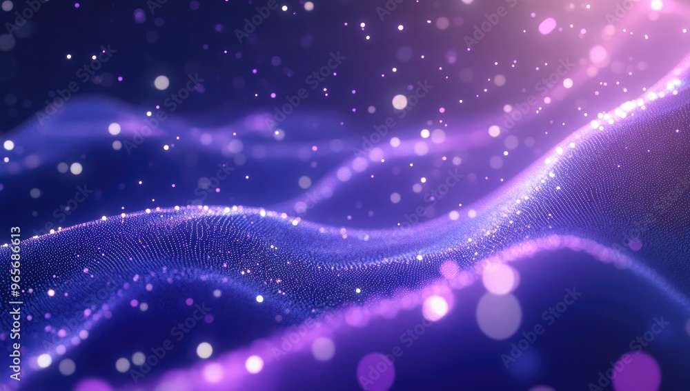 Abstract background with a wave of dots and particles, Glowing lights on a dark purple-blue gradient, Technology concept. Abstract background with a wave of dots and particles, Glowing lights on a dark purple-blue gradient, Technology concept.