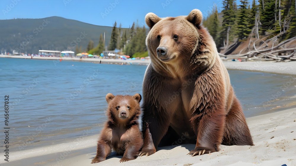 Fototapeta premium Adorable baby bear and mommy bear on the beautiful beach under the sunshine, happy brown bear family on the beach, happy black bears, ai generated