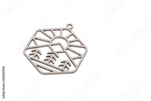 Geometric Nature Scene Metal Cutout: Gold-Toned Pendant Charm with Sun, Mountains, and Trees - Minimalist Landscape Design for Jewelry Making and Crafts