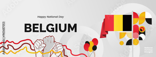 Belgium national day modern banner. Wide abstract banner with typography, raised hands and country flags. Illustration background celebrating national holidays and sporting events