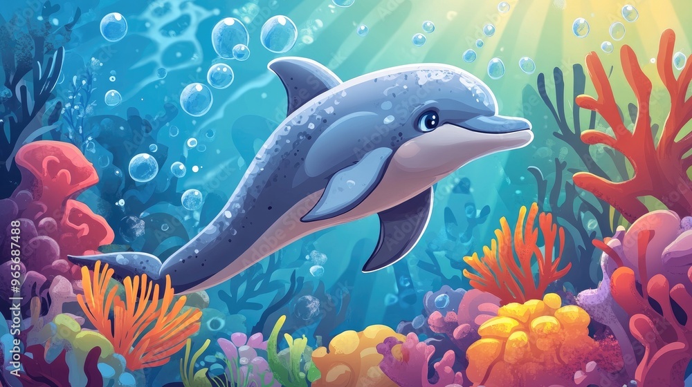 Obraz premium Cartoon illustration of a playful dolphin in a vibrant underwater setting