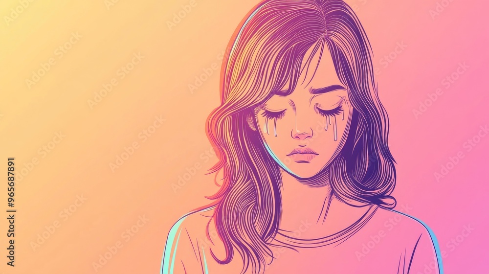 Warm gradient line illustration of a cartoon woman in tears Warm gradient line illustration of a cartoon woman in tears