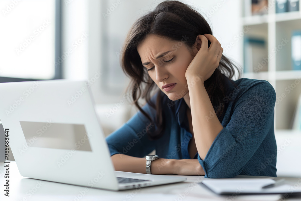 Exhausted and overworked young female employee is sitting worn and tried at a desk with a laptop open in front of her. She is in a state of distress or frustration Exhausted and overworked young female employee is sitting worn and tried at a desk with a laptop open in front of her. She is in a state of distress or frustration