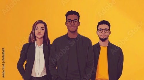 2D rendering of a diverse group portrait featuring three individuals including two men and one woman depicted as students or business professionals against a bright yellow background in an abstrac