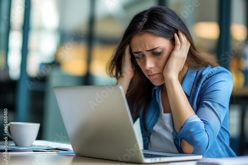 Frustrated and distressed female employee is sitting stressed and unhappy at her workplace in a office she is worried and tired.