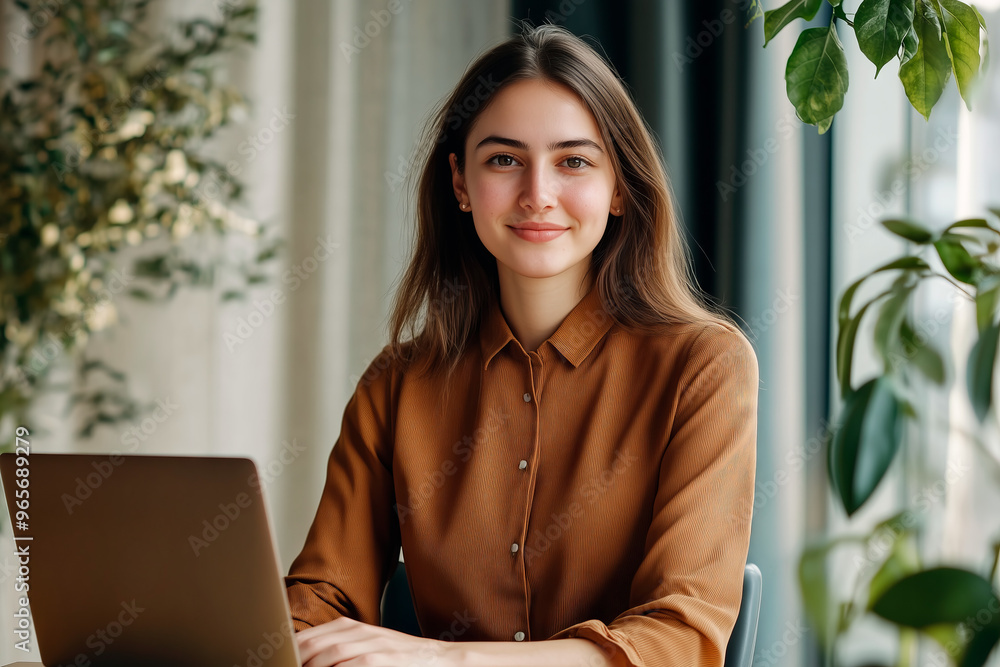 A young businesswoman with a warm smile sits at her desk, working on a laptop in a modern, bright office environment
