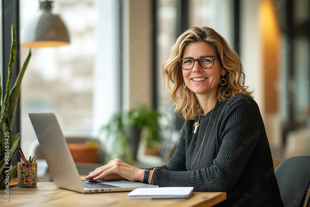 A mature businesswoman with glasses works on her laptop at a stylish desk, exuding confidence and positivity in a bright office setting A mature businesswoman with glasses works on her laptop at a stylish desk, exuding confidence and positivity in a bright office setting