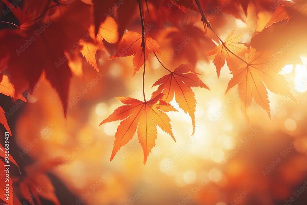 Orange maple leaves backlit by sunlight in autumn, Ai Generation Orange maple leaves backlit by sunlight in autumn, Ai Generation