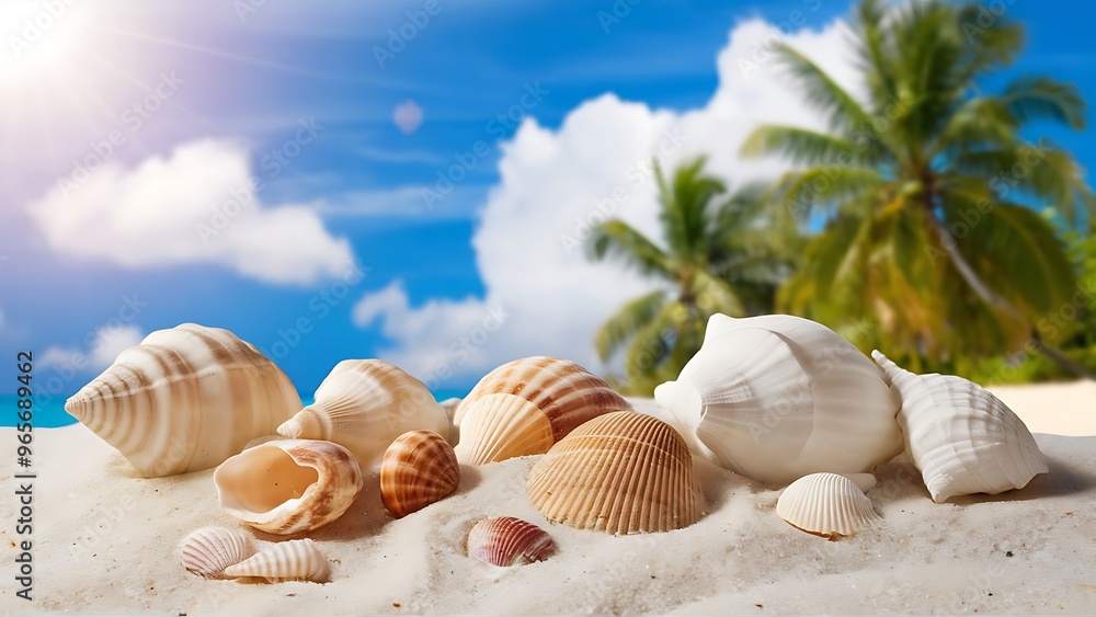 Summer travel template with seashells on light sand Summer travel template with seashells on light sand