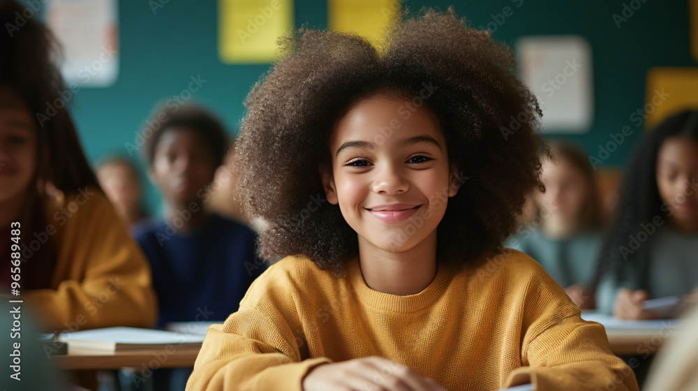 Happy young student with an afro beams in a bustling classroom, surrounded by attentive classmates, capturing the essence of childhood and education Happy young student with an afro beams in a bustling classroom, surrounded by attentive classmates, capturing the essence of childhood and education