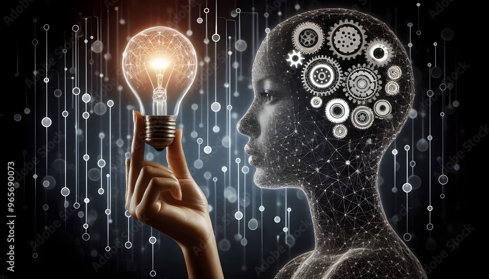 Outline of a human head with gears and lightbulb held by a hand with a ...