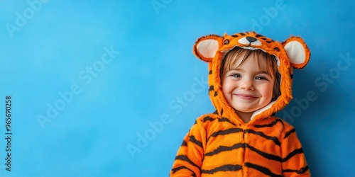 A cheerful child in a tiger costume smiles against a blue background, perfect for playful and fun-themed projects. photo