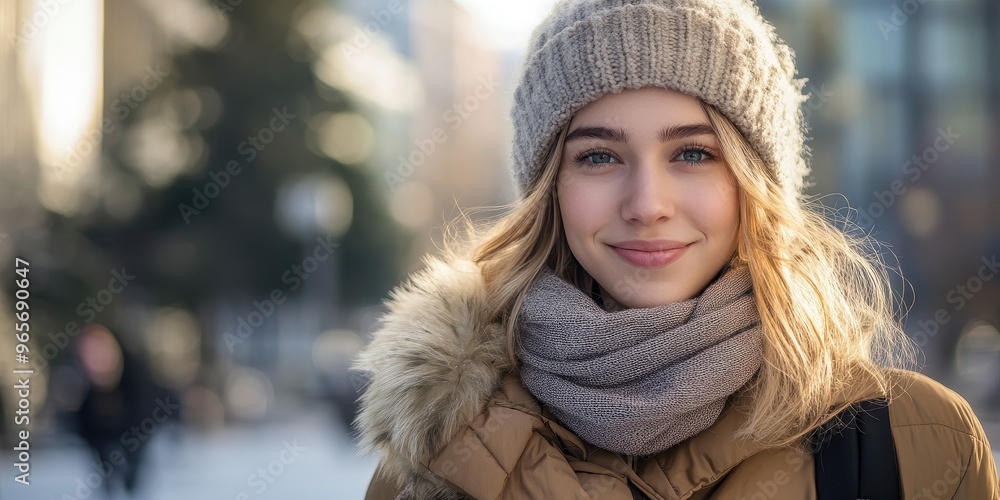 A cheerful young woman in cozy winter attire smiles warmly while standing outdoors in a vibrant urban setting. A cheerful young woman in cozy winter attire smiles warmly while standing outdoors in a vibrant urban setting.
