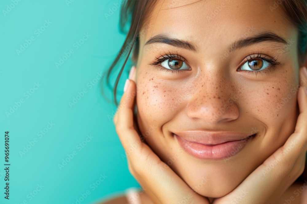 Radiant Youthful Woman with Freckles Smiling Against Turquoise Background