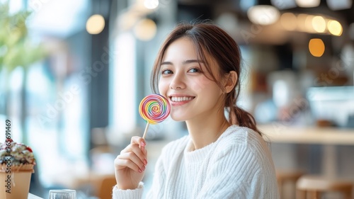 An Asian woman savoring a colorful lollipop in a chic urban café.