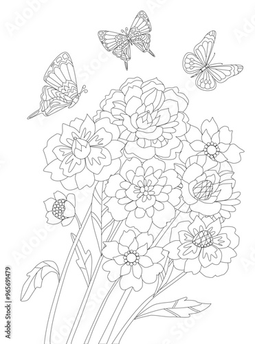coloring book page for adults and children. stylized flowers with butterflies