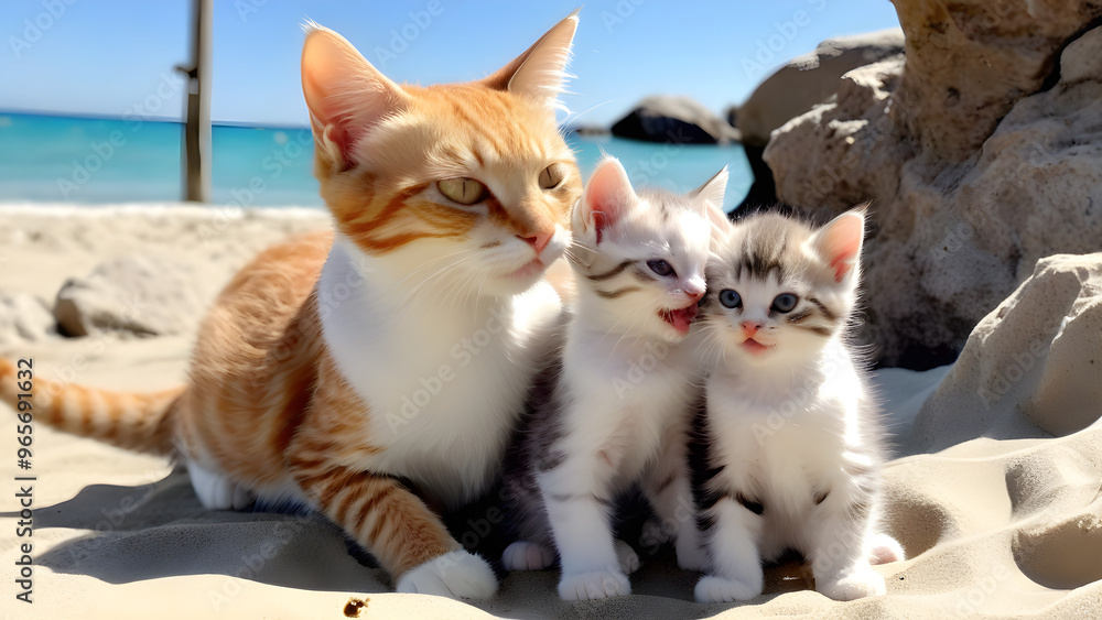 Obraz premium Adorable baby kitten and mommy cat on the beautiful beach under the sunshine, happy cat family on the beach, ai generated