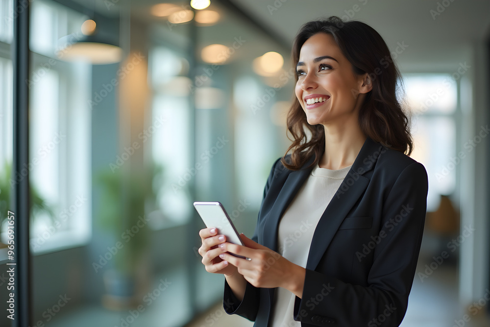 Happy young Hispanic professional business woman using tab standing in office Happy young Hispanic professional business woman using tab standing in office