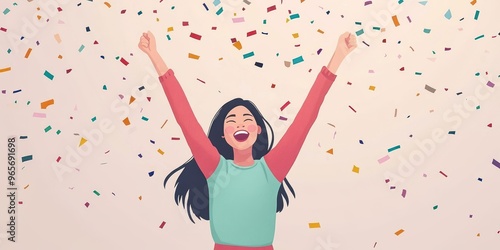 A joyful young woman celebrating with arms raised high, surrounded by colorful confetti, embodying happiness and positivity.