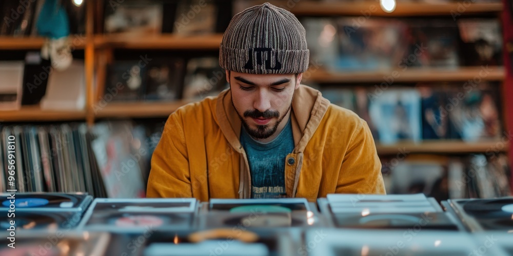 A man explores vinyl records in a cozy music shop, showcasing a love for retro music and the joy of discovering classics. A man explores vinyl records in a cozy music shop, showcasing a love for retro music and the joy of discovering classics.