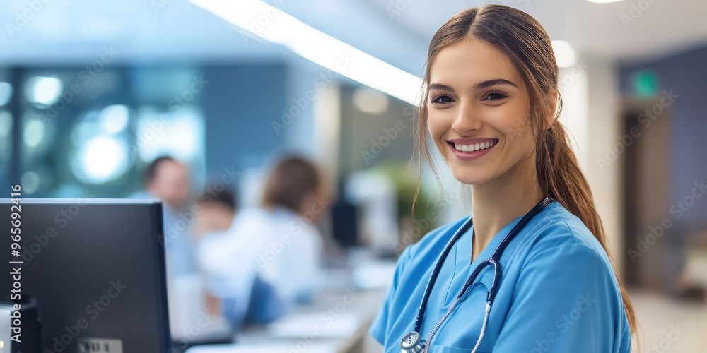 Fototapeta premium A smiling healthcare professional in scrubs, engaging warmly with patients in a modern medical environment.