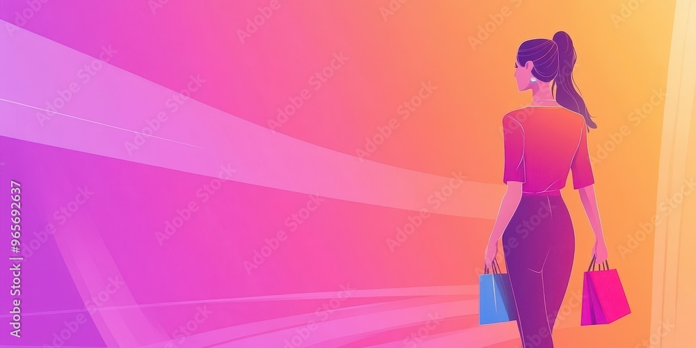A stylish woman carries shopping bags against a vibrant gradient background, symbolizing fashion and modern shopping. A stylish woman carries shopping bags against a vibrant gradient background, symbolizing fashion and modern shopping.