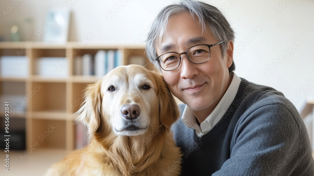 リビングで愛犬とくつろぐ男性 リビングで愛犬とくつろぐ男性