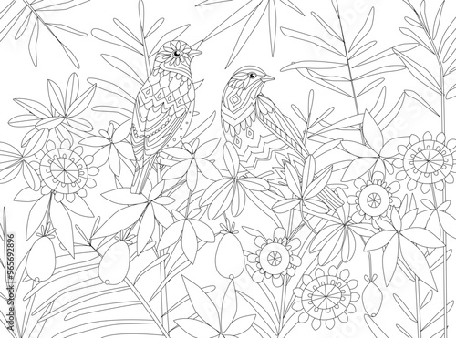 coloring book page for adult and children. couple of lovely birds perching on branch in blooming tropical forest