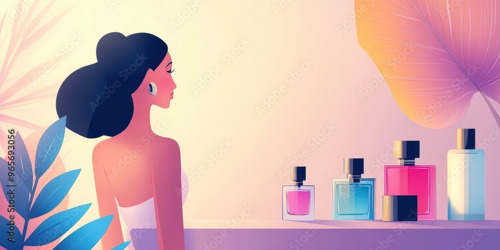 A vibrant illustration of a woman admiring a collection of elegant perfume bottles against a soft, colorful background. A vibrant illustration of a woman admiring a collection of elegant perfume bottles against a soft, colorful background.