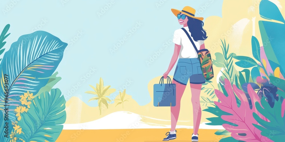 A vibrant illustration of a woman in a hat, heading towards a tropical destination, surrounded by lush greenery. A vibrant illustration of a woman in a hat, heading towards a tropical destination, surrounded by lush greenery.