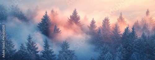 Abstract winter background featuring a snow-covered forest with sunset light, beautiful Christmas landscape with misty, foggy weather, New Year 