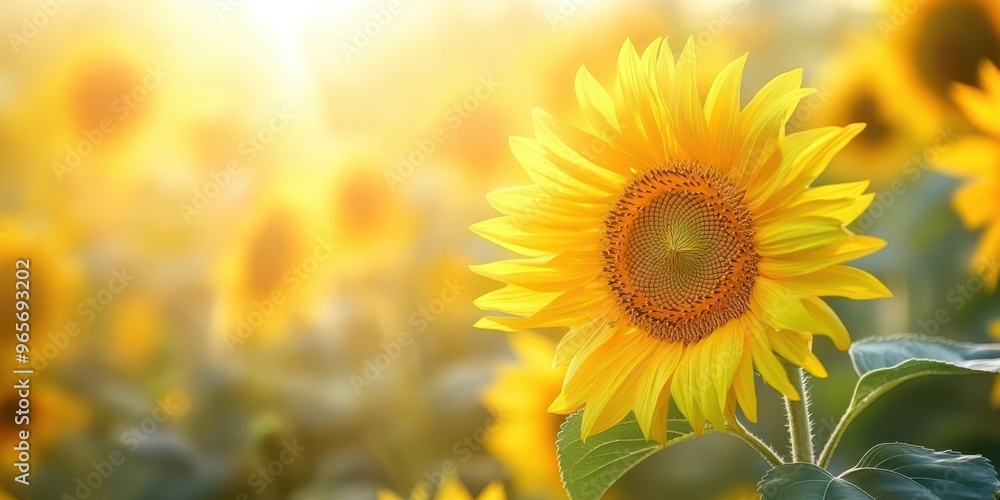 A vibrant sunflower blooms under warm sunlight, showcasing its bright yellow petals and rich brown center in a beautiful field. A vibrant sunflower blooms under warm sunlight, showcasing its bright yellow petals and rich brown center in a beautiful field.