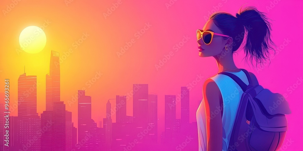 A vibrant sunset silhouette of a woman in sunglasses, overlooking a city skyline, invoking feelings of adventure and freedom. A vibrant sunset silhouette of a woman in sunglasses, overlooking a city skyline, invoking feelings of adventure and freedom.