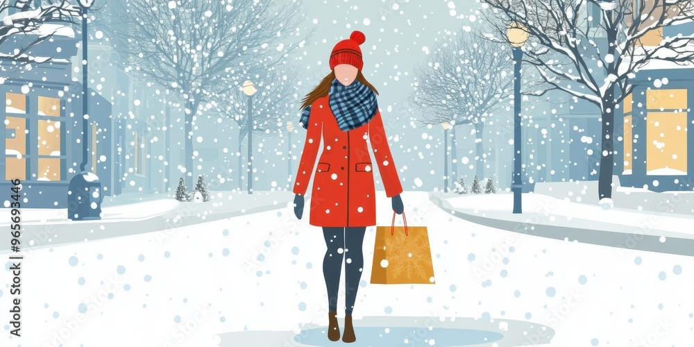 A woman in a red coat walks through a snowy street, carrying a bag, surrounded by winter scenery and falling snowflakes. A woman in a red coat walks through a snowy street, carrying a bag, surrounded by winter scenery and falling snowflakes.