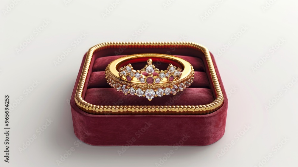 A gold ring with a crown motif and diamonds in a red velvet box on a white background, viewed from the top. Princess-style golden metal jewelry with sparkling gemstones, isolated. A gold ring with a crown motif and diamonds in a red velvet box on a white background, viewed from the top. Princess-style golden metal jewelry with sparkling gemstones, isolated.