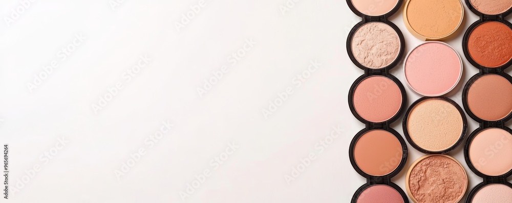 Circular arrangement of makeup powders and compacts in soft, earthy tones and pastel shades, representing beauty, diversity, and color harmony Circular arrangement of makeup powders and compacts in soft, earthy tones and pastel shades, representing beauty, diversity, and color harmony