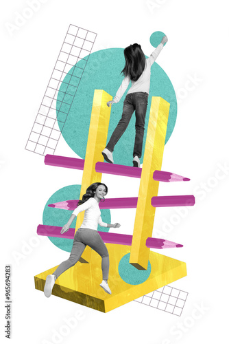 Vertical poster picture 3d collage image of two happy persistent people achieve success professional growth isolated on drawing background