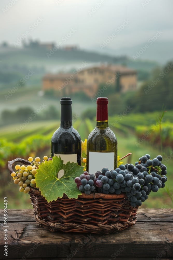 Fototapeta premium Wine glass grape with background of grape plantation winery