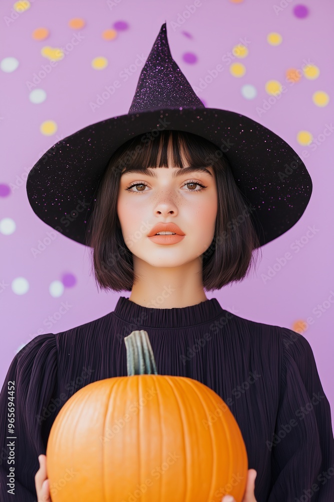 brunette woman facing forward with short bob haircut wearing dark purple dress and dark purple pointy witch hat close up holding a pumpkin, purple background with confetti brunette woman facing forward with short bob haircut wearing dark purple dress and dark purple pointy witch hat close up holding a pumpkin, purple background with confetti