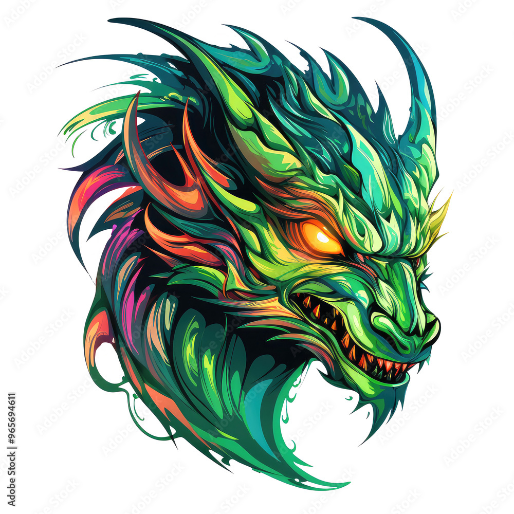 Obraz premium A psychedelic pop art style dragon portrait isolated on white.