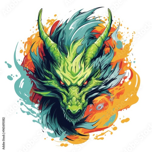 A psychedelic pop art style dragon portrait isolated on white.